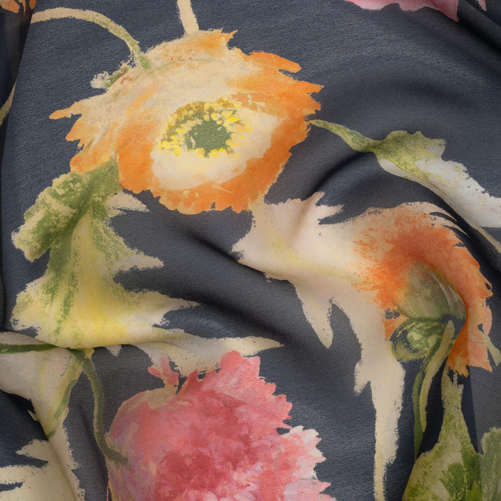 Satin Faced Silk Organza Print by Carolina Herrera - Navy, Pink and Orange Watercolor Florals - Designer Deadstock
