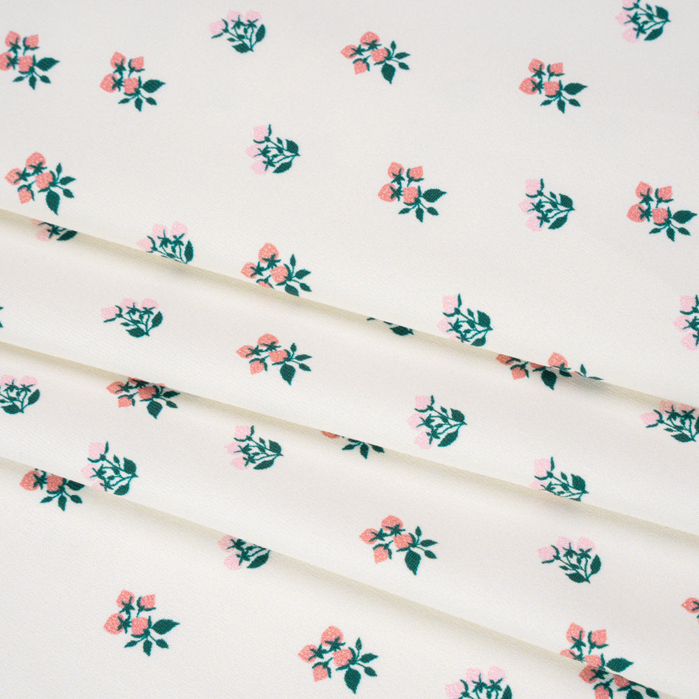 Stretch Nylon Jersey Print by Montce - Pink, Dark Green and Cream Floral Ditsy - Designer Deadstock - Folded