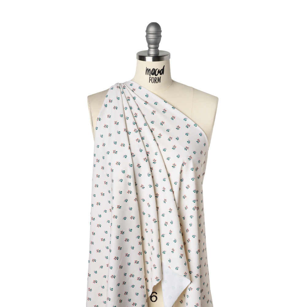 Stretch Nylon Jersey Print by Montce - Pink, Dark Green and Cream Floral Ditsy - Designer Deadstock - Drape