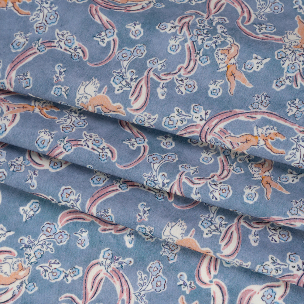 Stretch Nylon Tricot Print by Montce x Liberty Fabrics - Country Blue, Pink and Peach Cherubs and Flowering Vines - Designer Deadstock - Folded