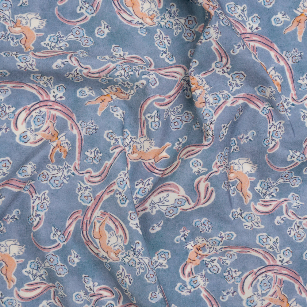 Stretch Nylon Tricot Print by Montce x Liberty Fabrics - Country Blue, Pink and Peach Cherubs and Flowering Vines - Designer Deadstock
