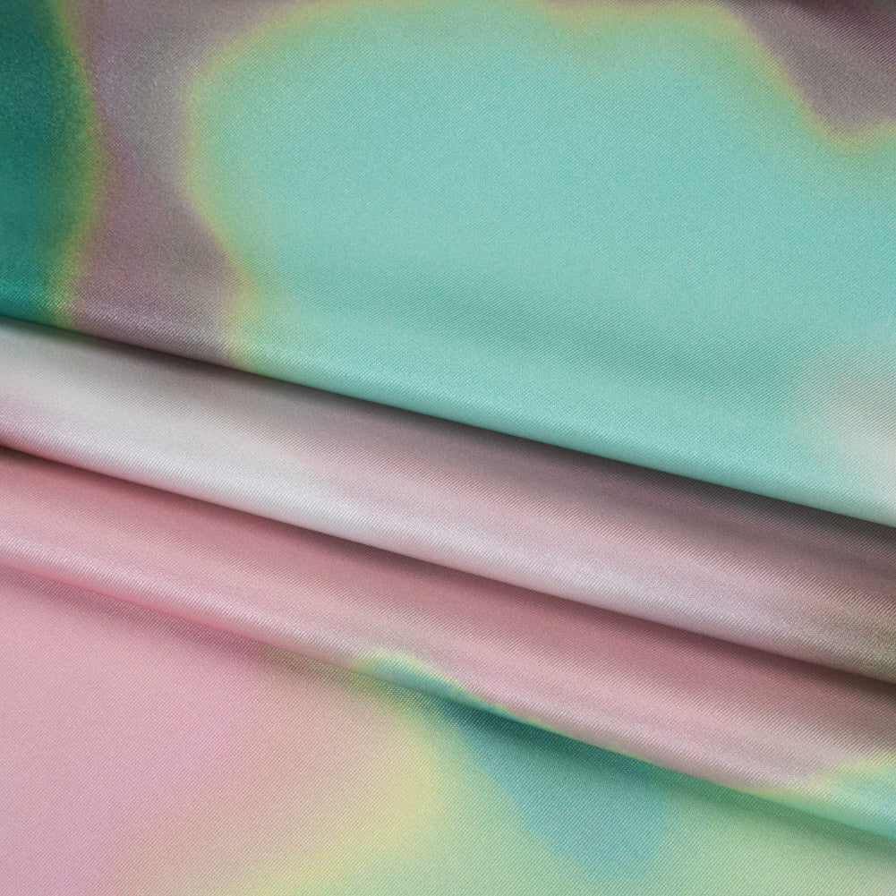 Metallic Stretch Nylon Tricot Print by Montce - Pink, Mint and Hunter Green Abstract Tie Dye - Designer Deadstock - Folded