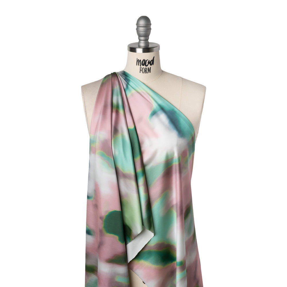Metallic Stretch Nylon Tricot Print by Montce - Pink, Mint and Hunter Green Abstract Tie Dye - Designer Deadstock - Drape