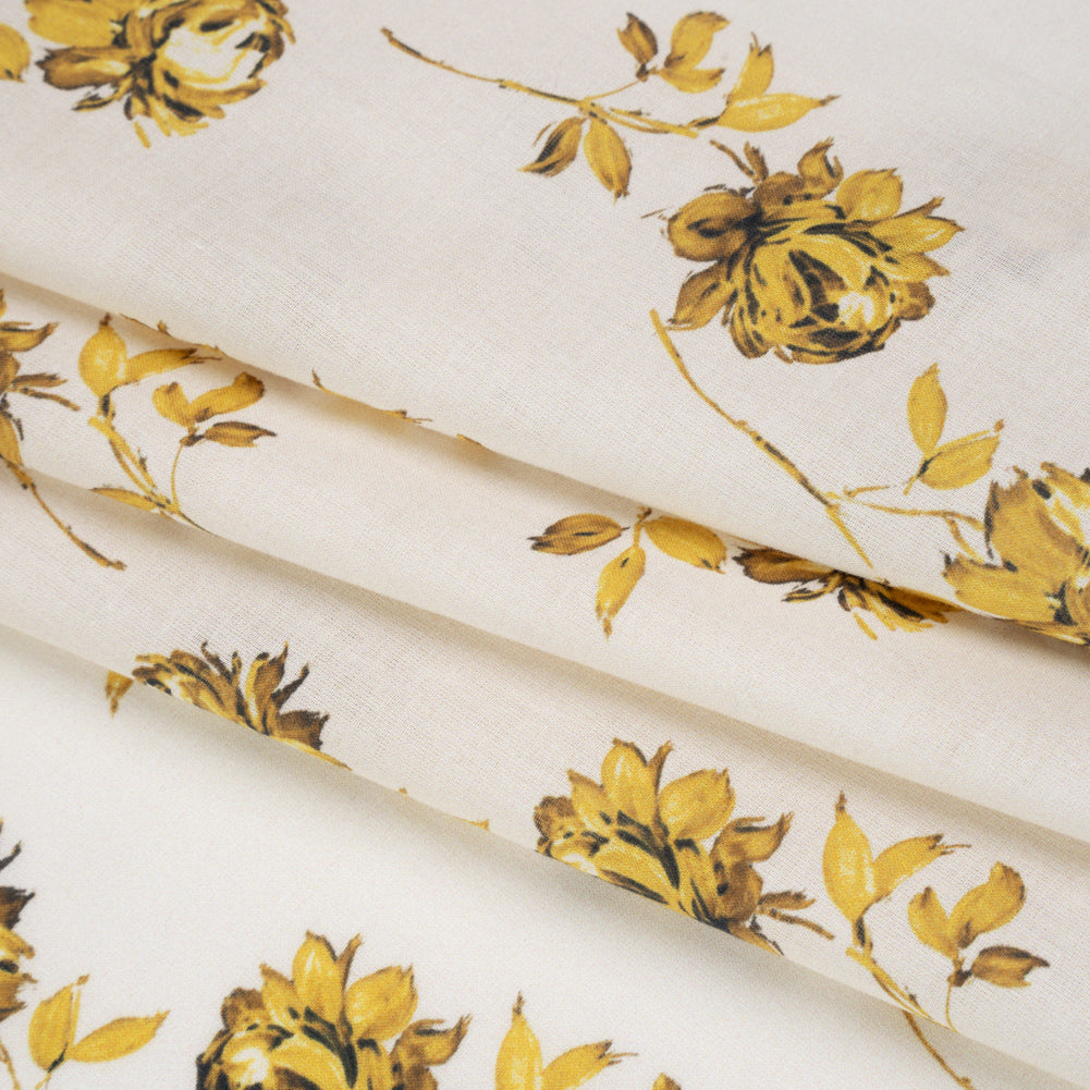 Cotton Voile Print by Montce - White and Yellow Gold Roses - Designer Deadstock - Folded