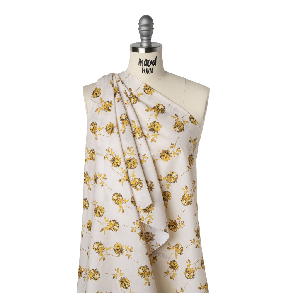 Cotton Voile Print by Montce - White and Yellow Gold Roses - Designer Deadstock - Drape