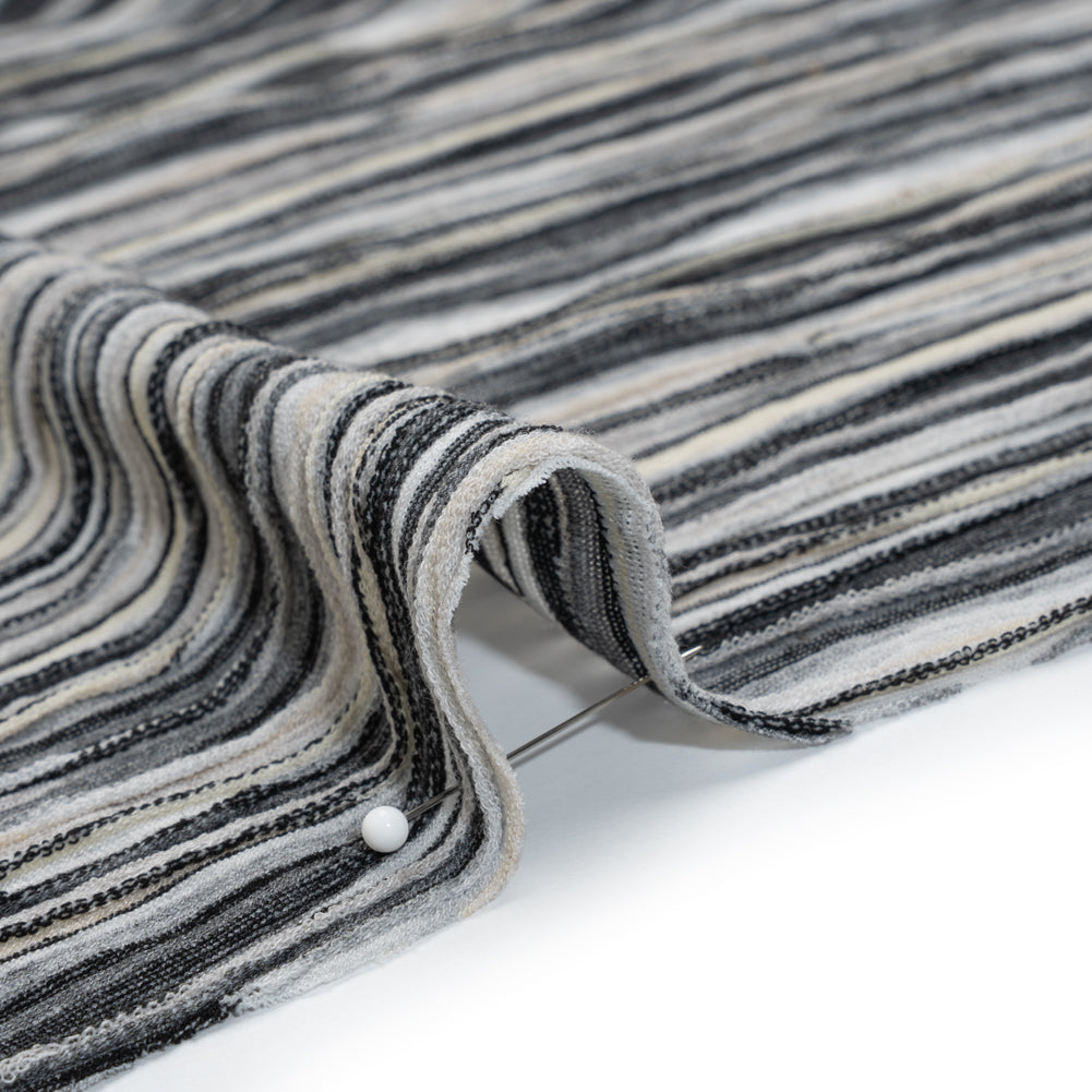 Rayon Blend Novelty Sweater Knit - Black, Gray and Cream Abstract Waves - Deadstock - Detail