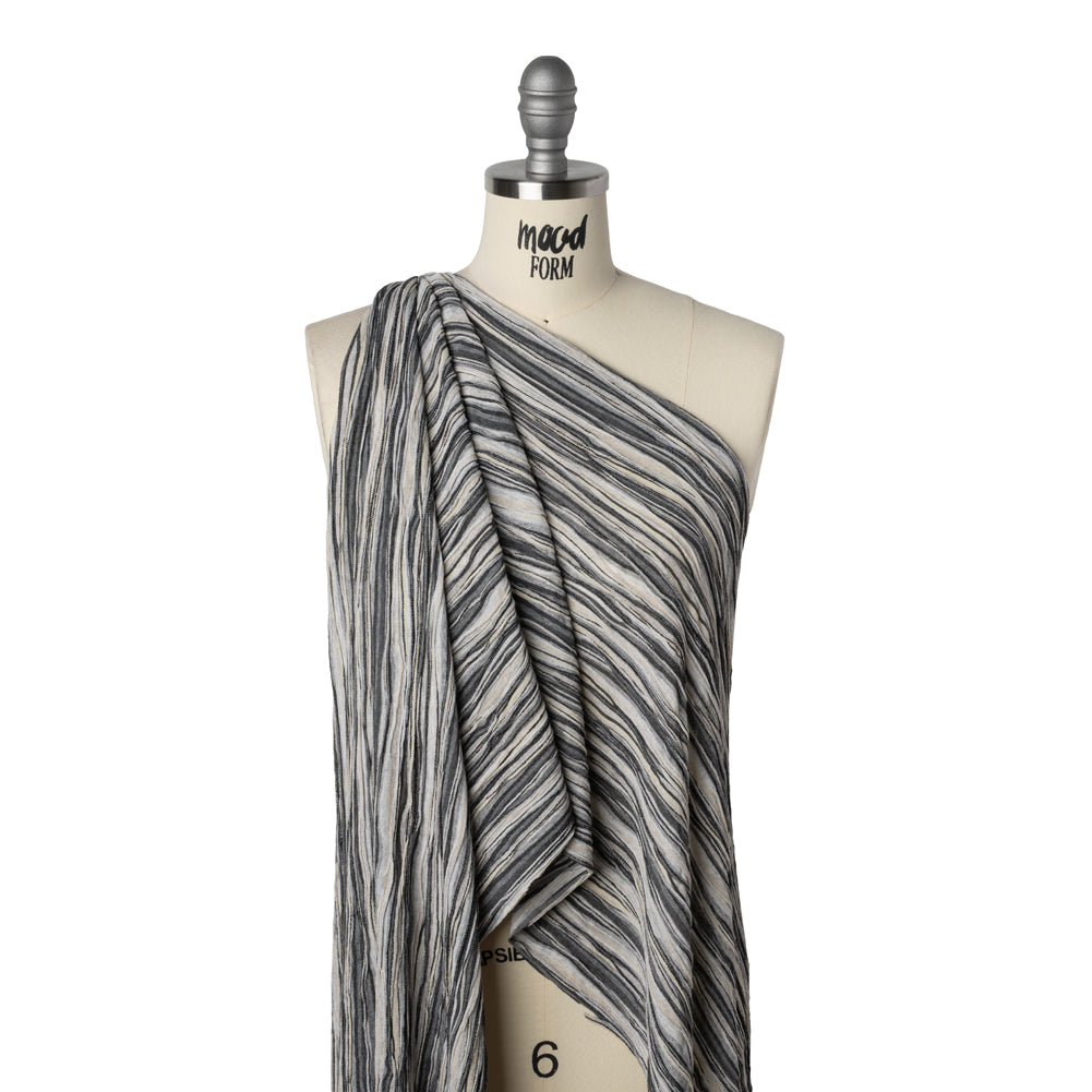 Rayon Blend Novelty Sweater Knit - Black, Gray and Cream Abstract Waves - Deadstock - Drape