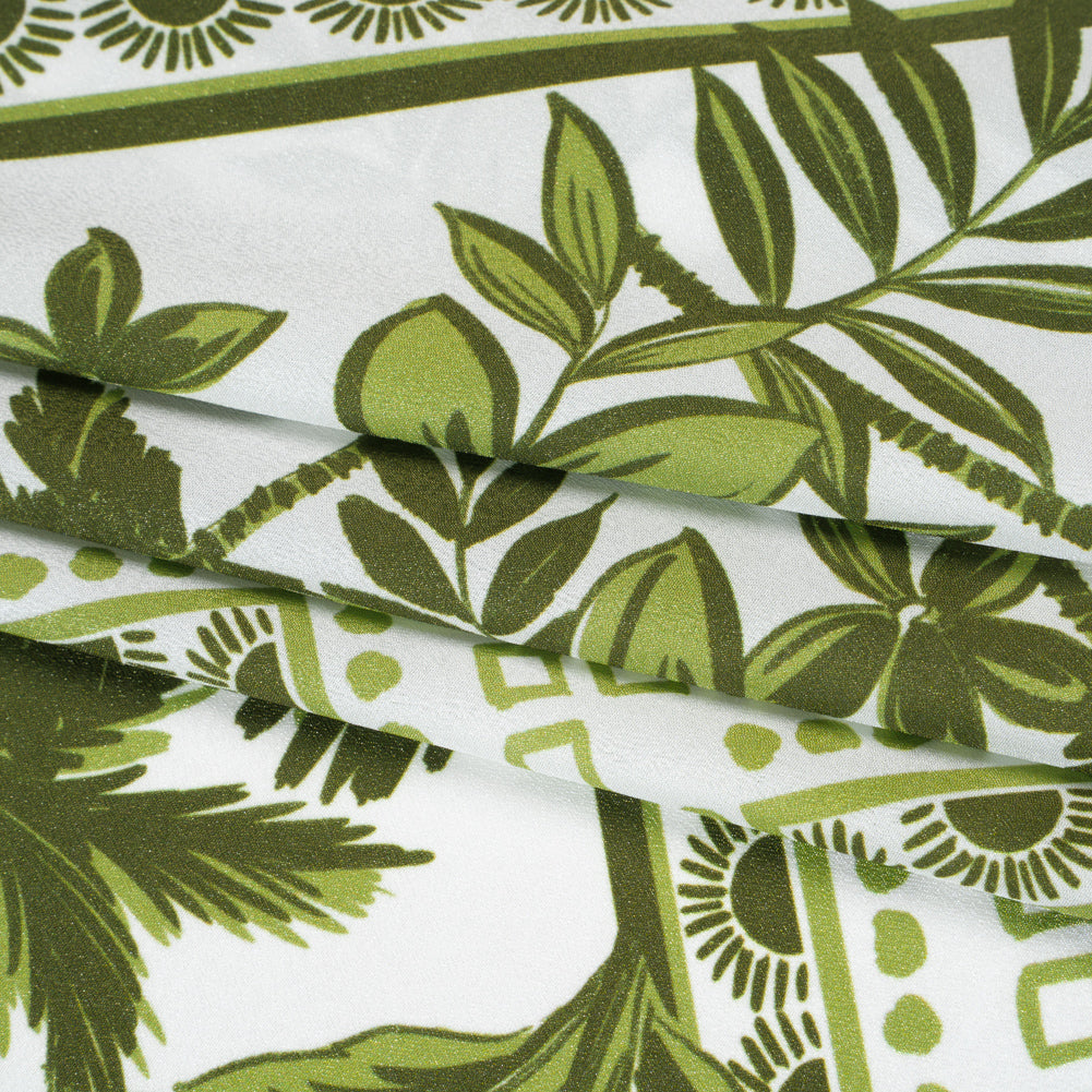 Polyester Crepe de Chine Print - Leaf Green and Porcelain White Tropical Nature and Shapes - Designer Deadstock - Folded