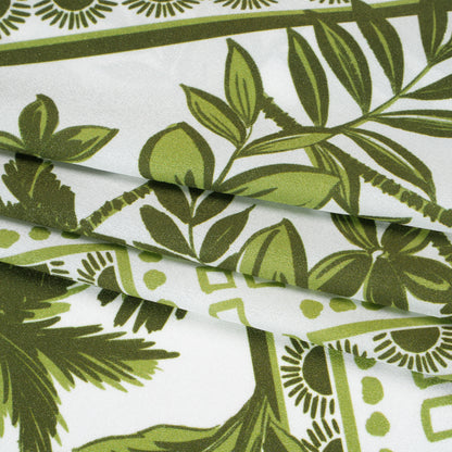 Polyester Crepe de Chine Print - Leaf Green and Porcelain White Tropical Nature and Shapes - Designer Deadstock