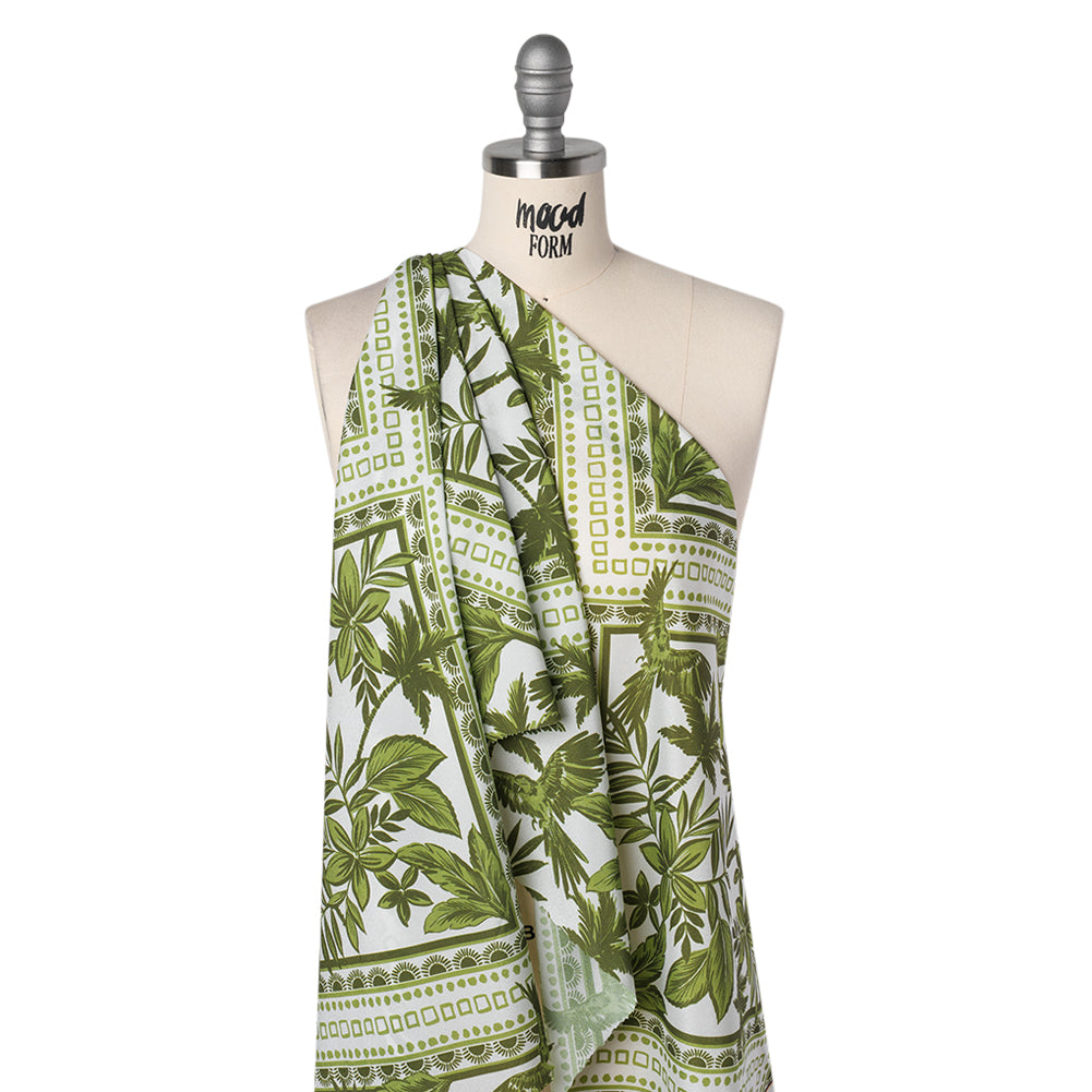 Polyester Crepe de Chine Print - Leaf Green and Porcelain White Tropical Nature and Shapes - Designer Deadstock - Drape