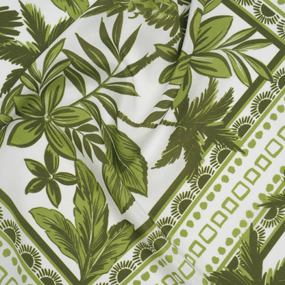 Polyester Crepe de Chine Print - Leaf Green and Porcelain White Tropical Nature and Shapes - Designer Deadstock