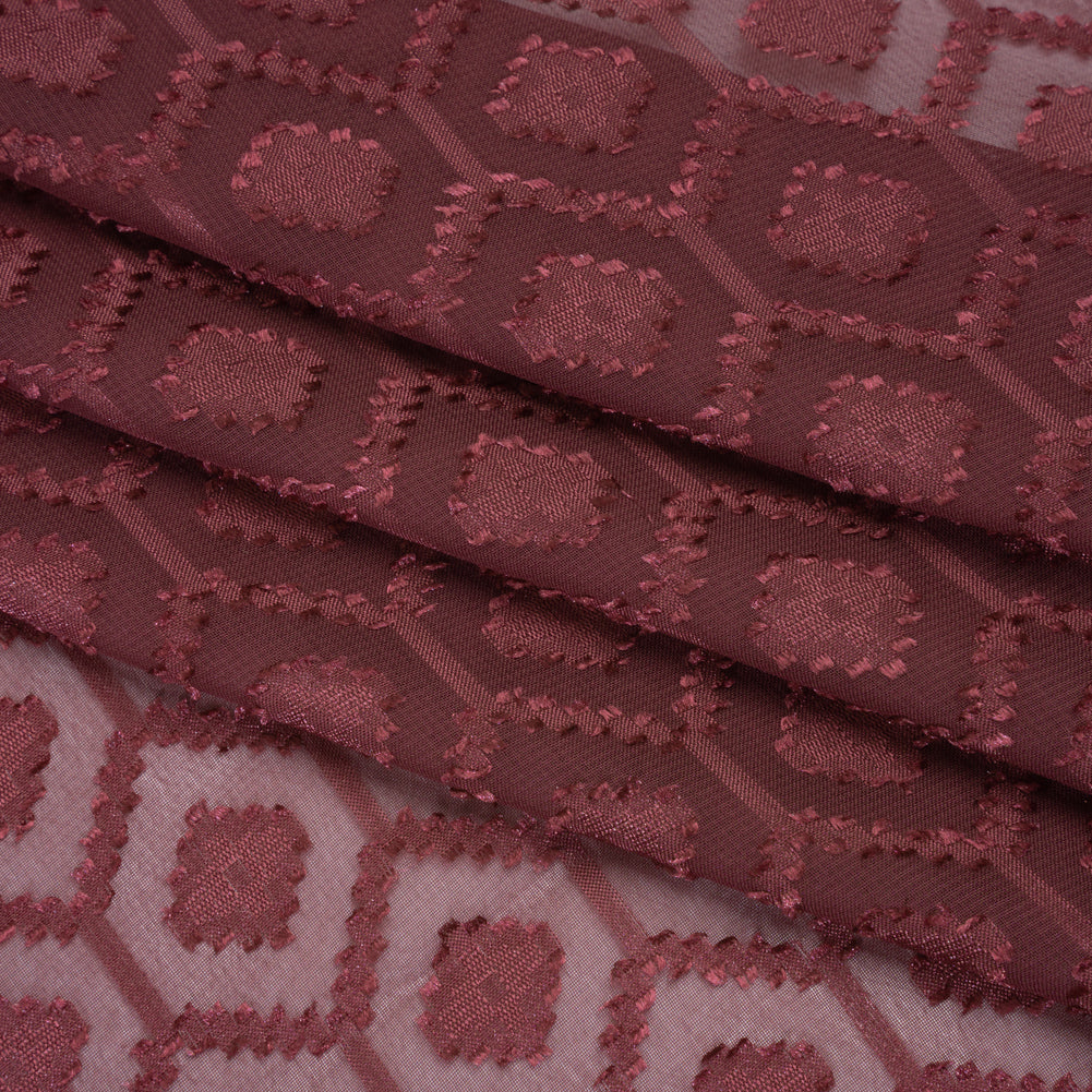 Geometric Burnout Polyester Woven - Burgundy - Mood Exclusive Erynnis Collection - Folded