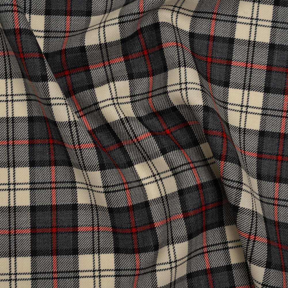 Virgin Wool Twill Made in Italy - Cream, Charcoal and Red Plaid