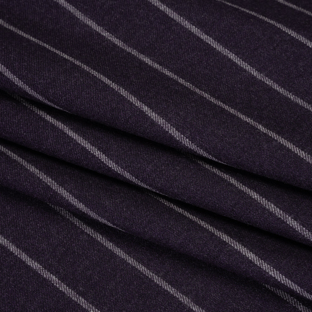 Stretch Virgin Wool Twill Suiting Made in Italy - Plum Purple and White Chalk Stripes