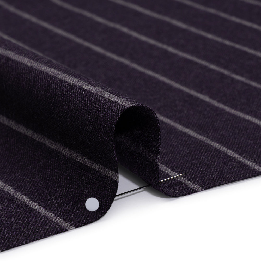 Stretch Virgin Wool Twill Suiting Made in Italy - Plum Purple and White Chalk Stripes