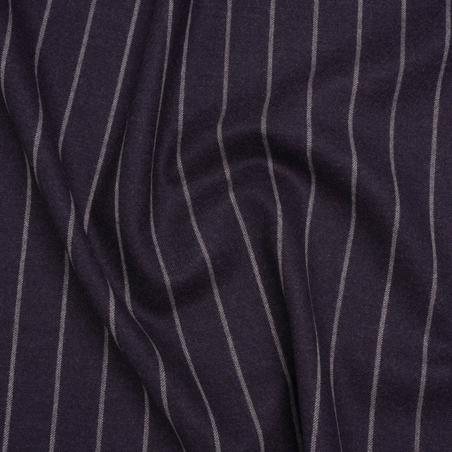 Stretch Virgin Wool Twill Suiting Made in Italy - Plum Purple and White Chalk Stripes
