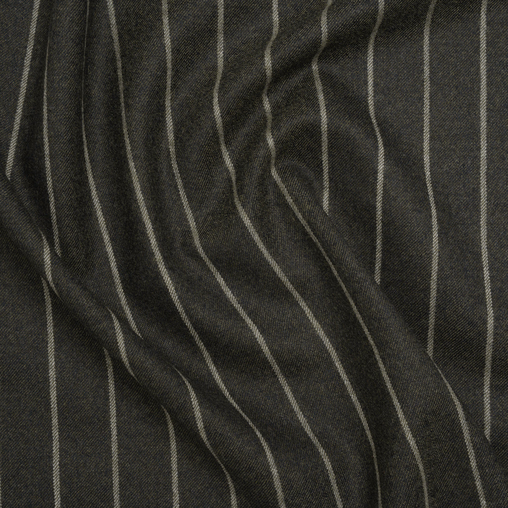 Stretch Virgin Wool Twill Suiting Made in Italy - Dark Green and White Chalk Stripes