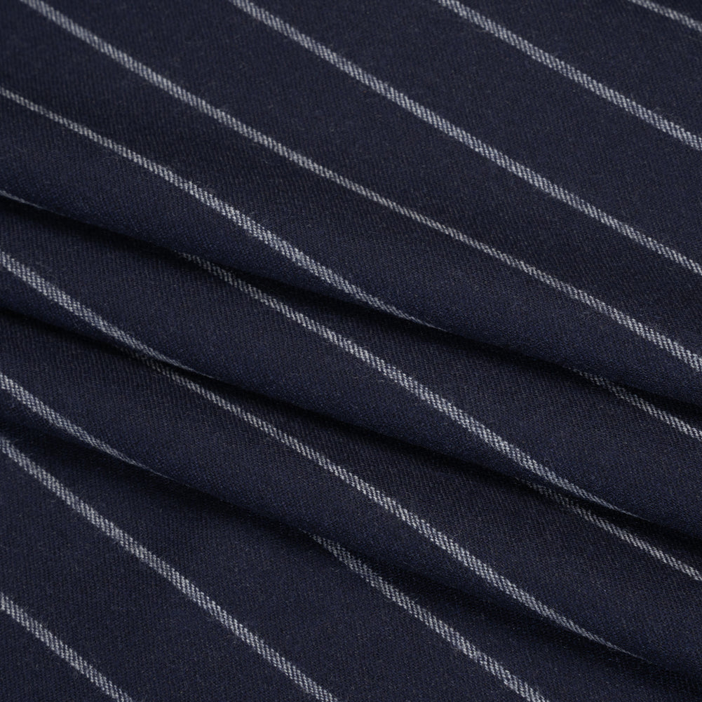 Stretch Virgin Wool Twill Suiting Made in Italy - Navy Blue and White Chalk Stripes