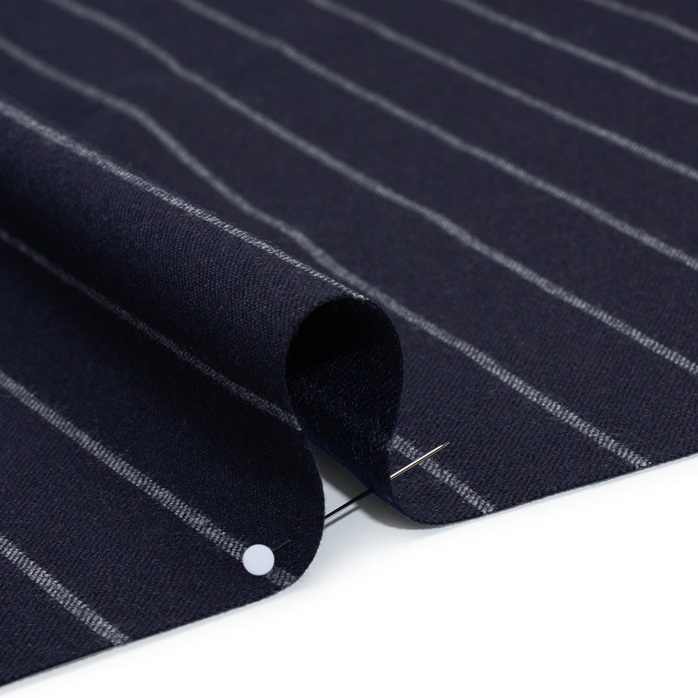 Stretch Virgin Wool Twill Suiting Made in Italy - Navy Blue and White Chalk Stripes