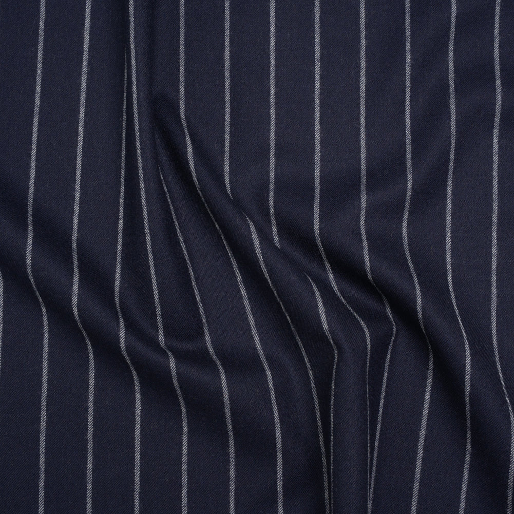 Stretch Virgin Wool Twill Suiting Made in Italy - Navy Blue and White Chalk Stripes