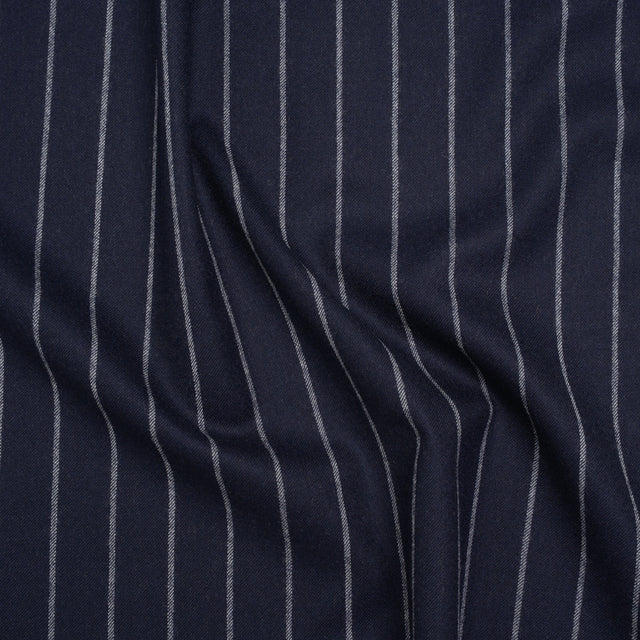 Stretch Virgin Wool Twill Suiting Made in Italy - Navy Blue and White Chalk Stripes