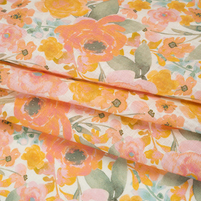 Lightweight Linen Woven Print - Peachy Pink, Yellow and Sage Green Watercolor Florals