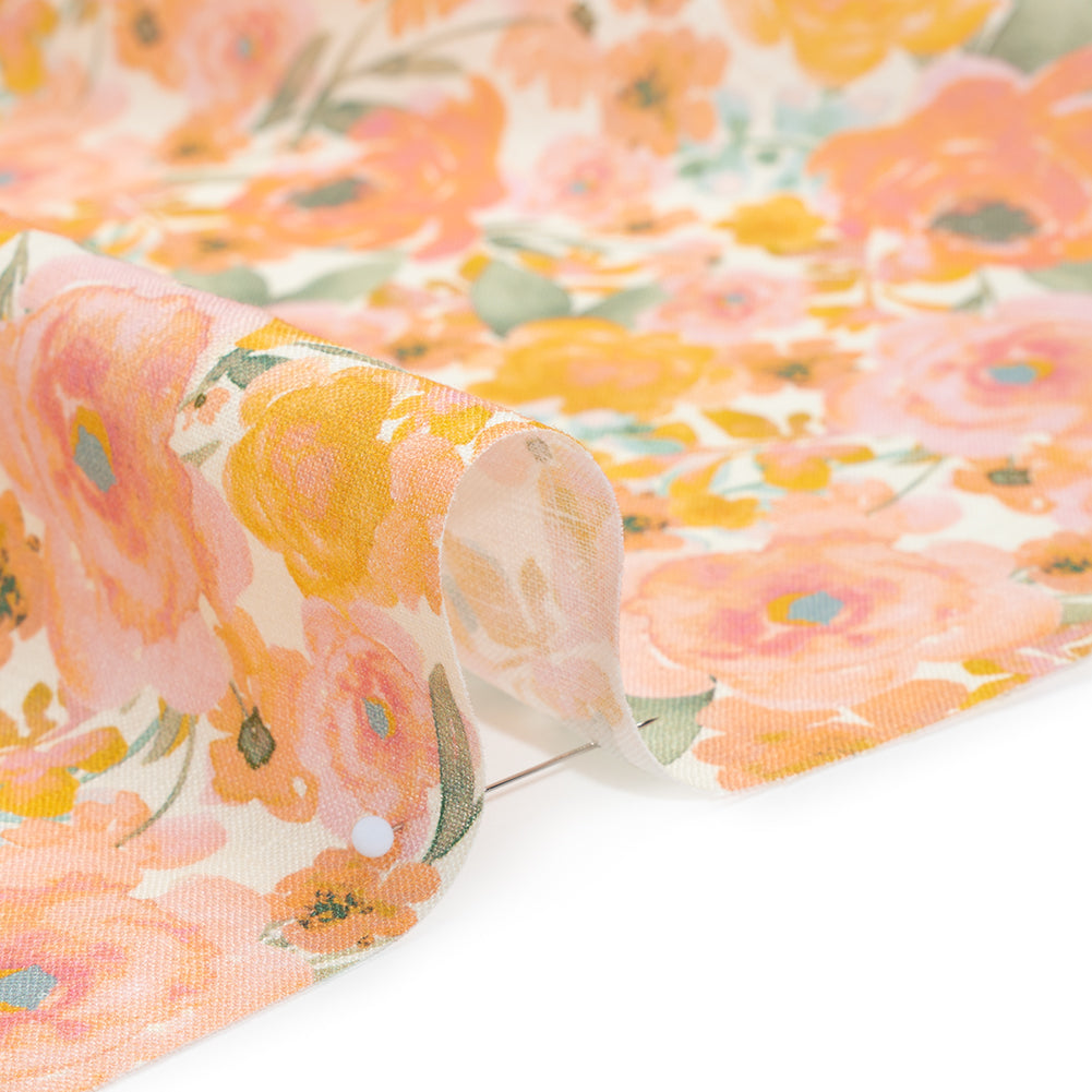Lightweight Linen Woven Print - Peachy Pink, Yellow and Sage Green Watercolor Florals