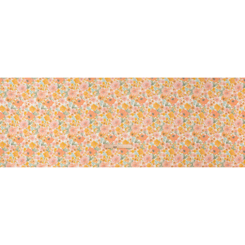 Lightweight Linen Woven Print - Peachy Pink, Yellow and Sage Green Watercolor Florals
