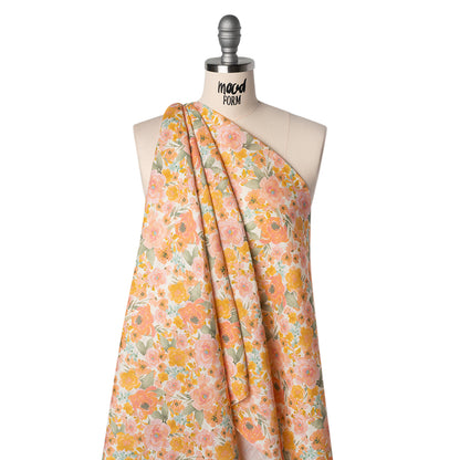 Lightweight Linen Woven Print - Peachy Pink, Yellow and Sage Green Watercolor Florals