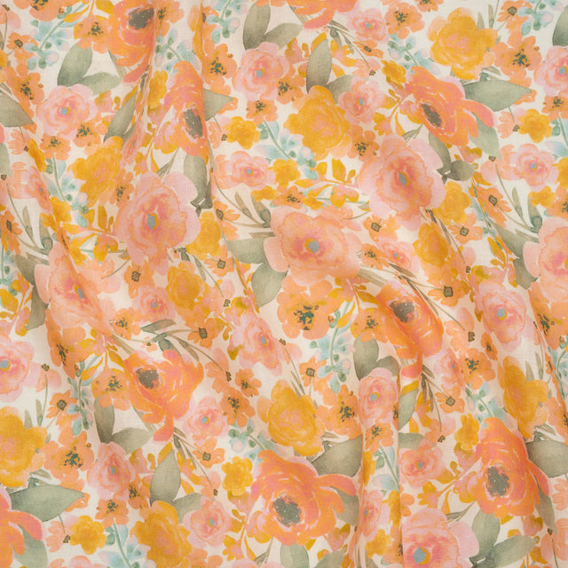 Lightweight Linen Woven Print - Peachy Pink, Yellow and Sage Green Watercolor Florals