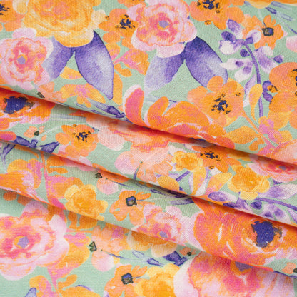 Lightweight Linen Woven Print - Light Sage, Purple and Orange Watercolor Florals