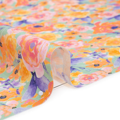 Lightweight Linen Woven Print - Light Sage, Purple and Orange Watercolor Florals