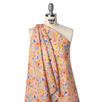 Lightweight Linen Woven Print - Light Sage, Purple and Orange Watercolor Florals