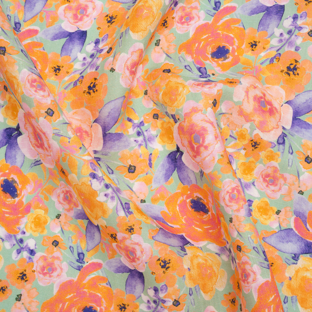 Lightweight Linen Woven Print - Light Sage, Purple and Orange Watercolor Florals