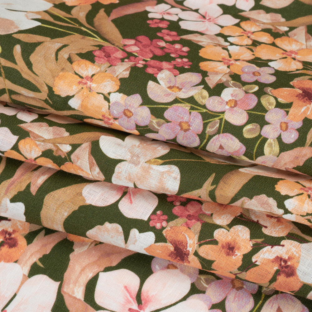 Medium Weight Linen Woven Print - Dark Sage, Pink and Creamsicle Floral