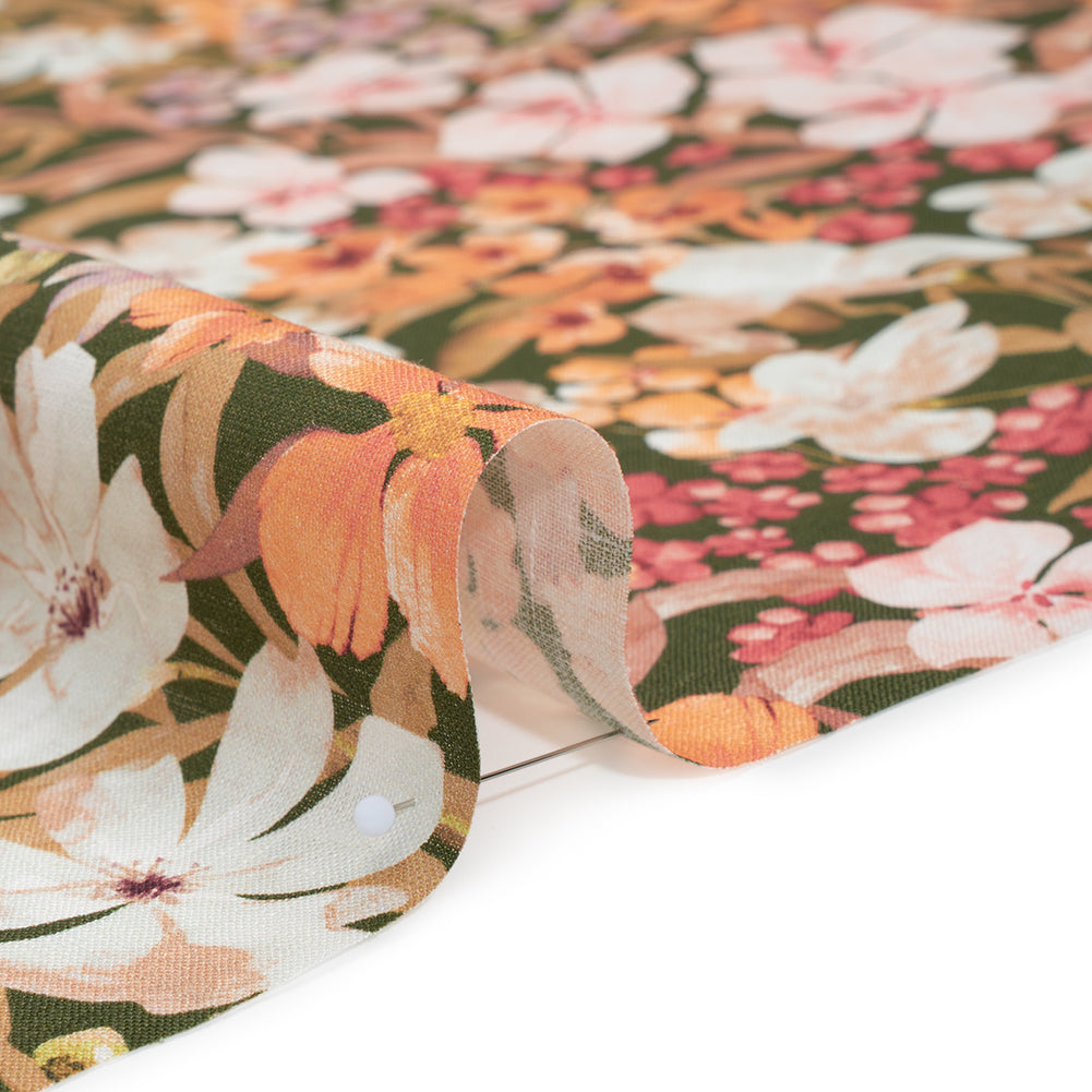 Medium Weight Linen Woven Print - Dark Sage, Pink and Creamsicle Floral