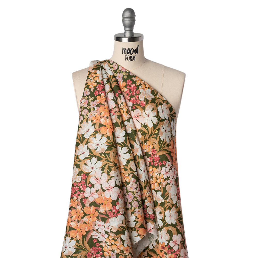 Medium Weight Linen Woven Print - Dark Sage, Pink and Creamsicle Floral