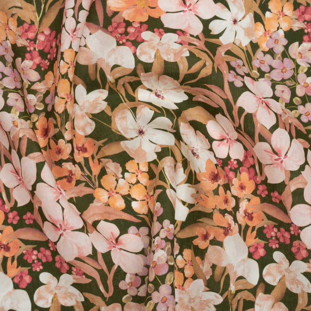 Medium Weight Linen Woven Print - Dark Sage, Pink and Creamsicle Floral