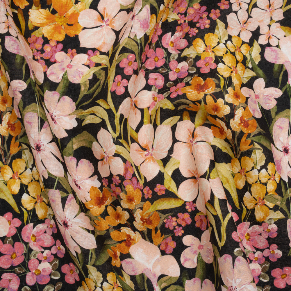 Medium Weight Linen Woven Print - Midnight, Pink and Tiger Lily Orange Floral