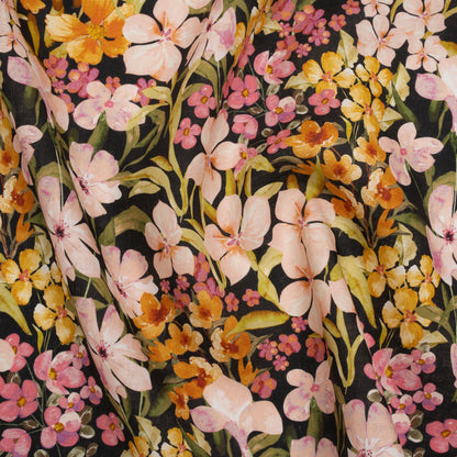Medium Weight Linen Woven Print - Midnight, Pink and Tiger Lily Orange Floral