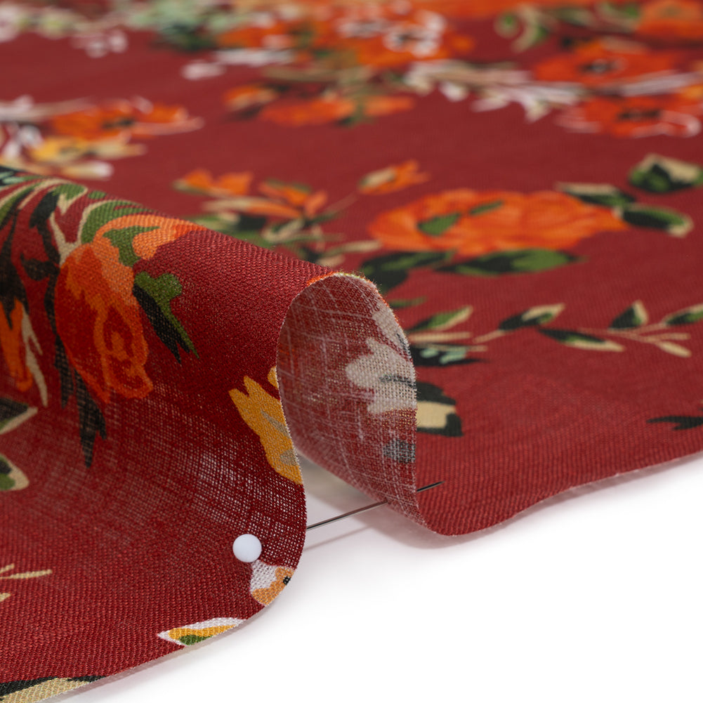 Medium Weight Linen Woven Print - Wine Red, Green and Dark Orange Floral