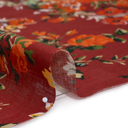 Medium Weight Linen Woven Print - Wine Red, Green and Dark Orange Floral