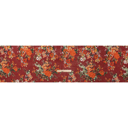 Medium Weight Linen Woven Print - Wine Red, Green and Dark Orange Floral