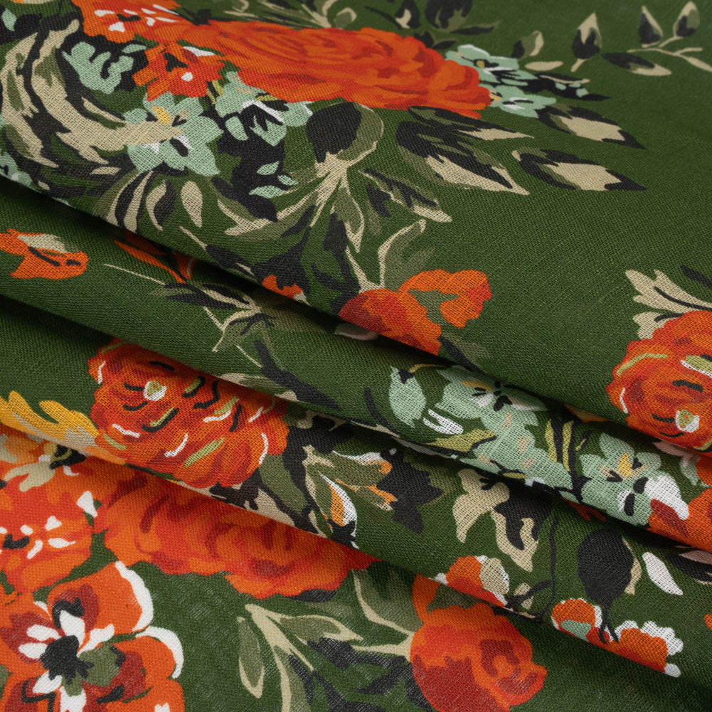 Medium Weight Linen Woven Print - Forest Green, Dark Orange and Mint Floral