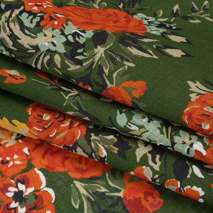 Medium Weight Linen Woven Print - Forest Green, Dark Orange and Mint Floral