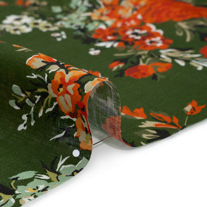 Medium Weight Linen Woven Print - Forest Green, Dark Orange and Mint Floral