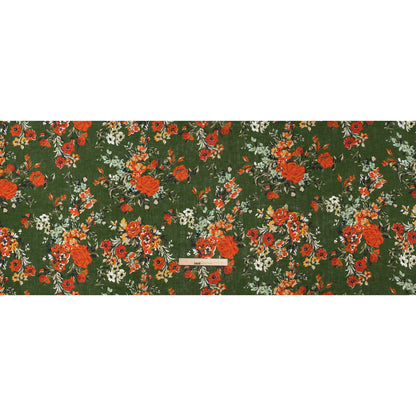 Medium Weight Linen Woven Print - Forest Green, Dark Orange and Mint Floral