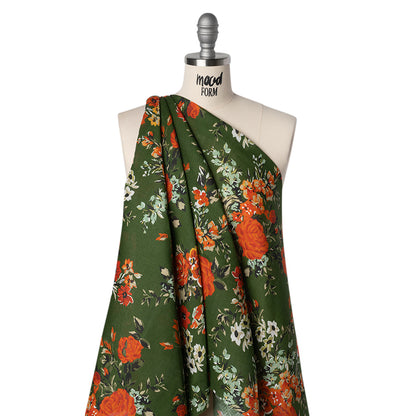 Medium Weight Linen Woven Print - Forest Green, Dark Orange and Mint Floral