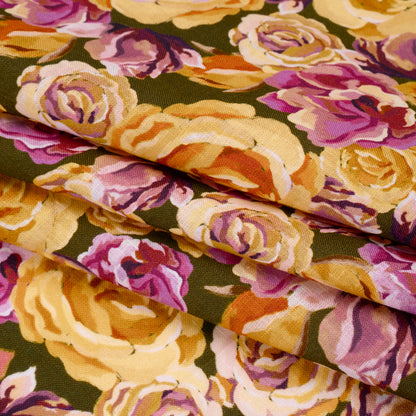 Medium Weight Linen Woven Print - Mustard Yellow, Magenta Pink and Dark Olive Green Roses