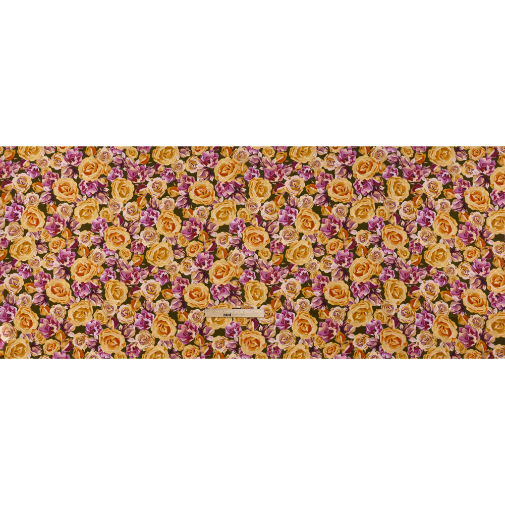 Medium Weight Linen Woven Print - Mustard Yellow, Magenta Pink and Dark Olive Green Roses